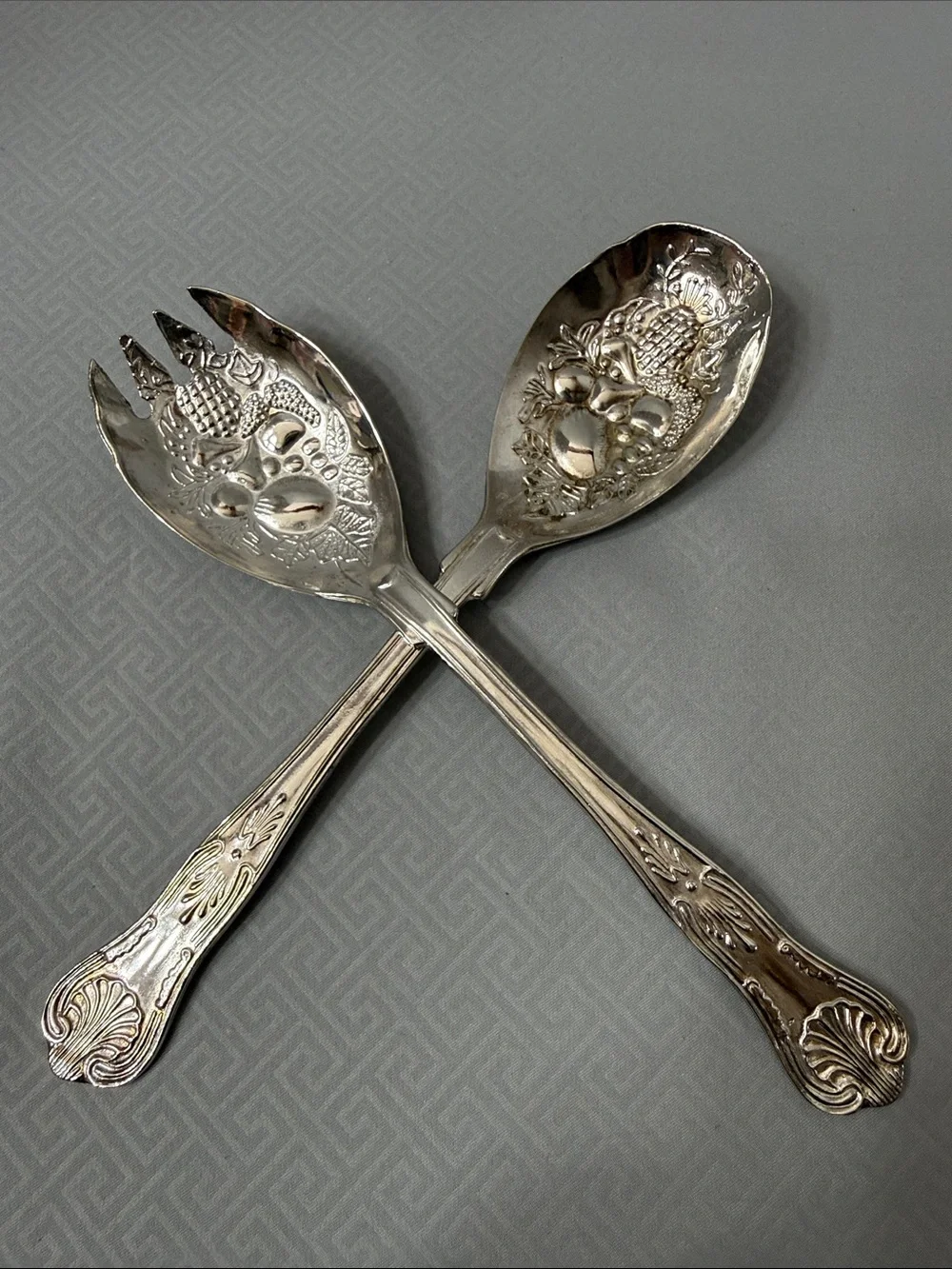 Vtg Ornate Silver Plate Salad Serving Utensils Fruit Motif Made in Hong Kong